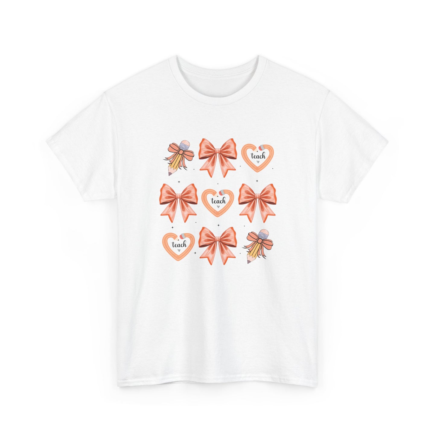 Pencil and Bow Graphic Tee, Unisex Cotton T-Shirt, Heart Design Shirt, Gift for Her, Cute Casual Outfits, Spring Fashion Tee