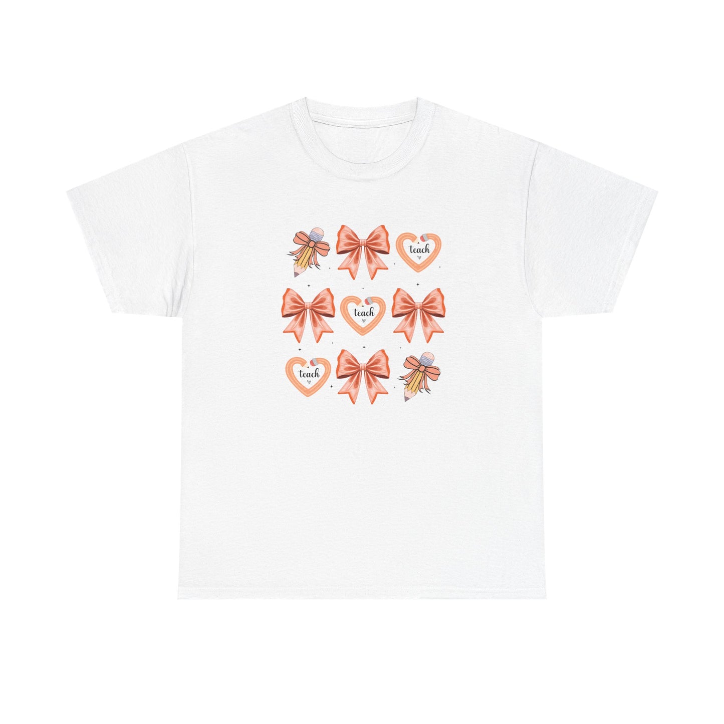 Pencil and Bow Graphic Tee, Unisex Cotton T-Shirt, Heart Design Shirt, Gift for Her, Cute Casual Outfits, Spring Fashion Tee