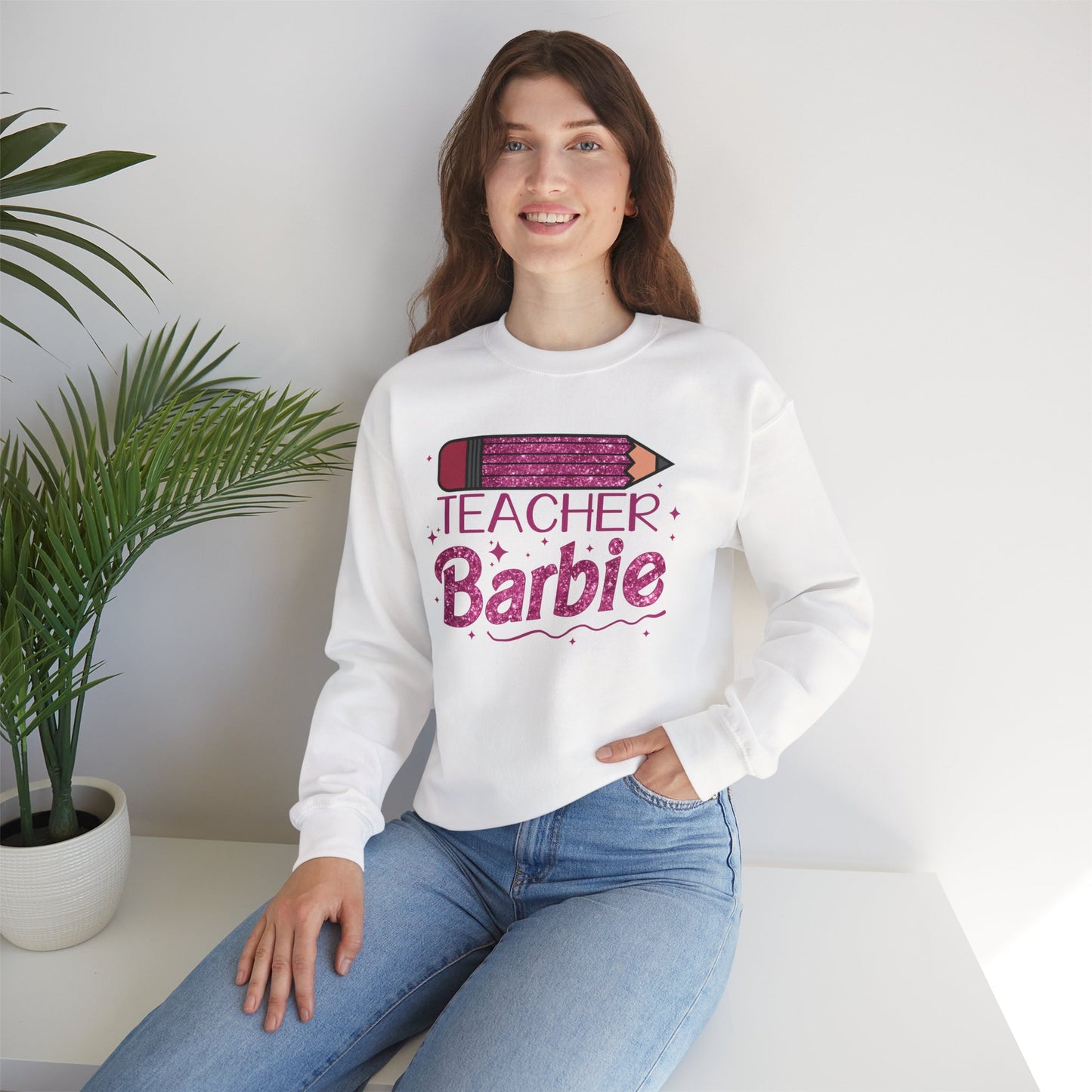 Glitter Pink Teacher Crewneck Sweatshirt | Fun Gift for Educators, Back to School, Teacher Appreciation, Casual Wear, Birthday Gift