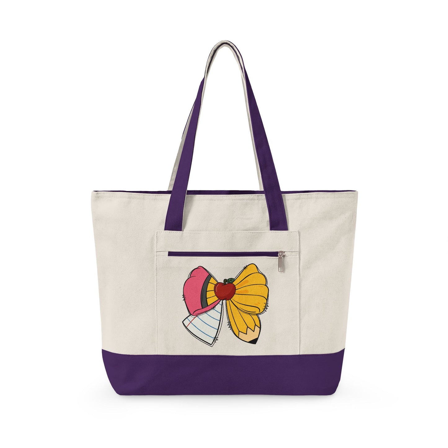 Canvas Tote Bag with Cute Ribbon Bow Print — Zippered Cotton Shopper