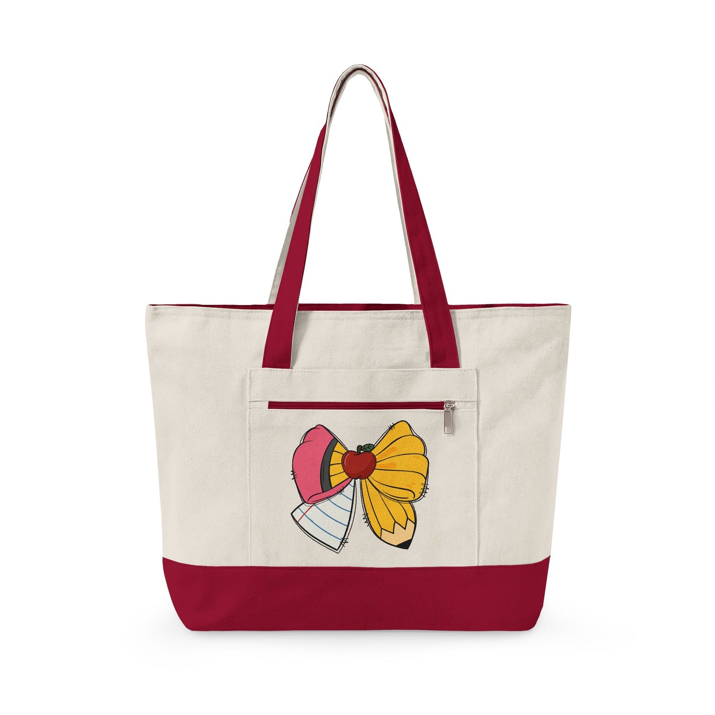 Canvas Tote Bag with Cute Ribbon Bow Print — Zippered Cotton Shopper