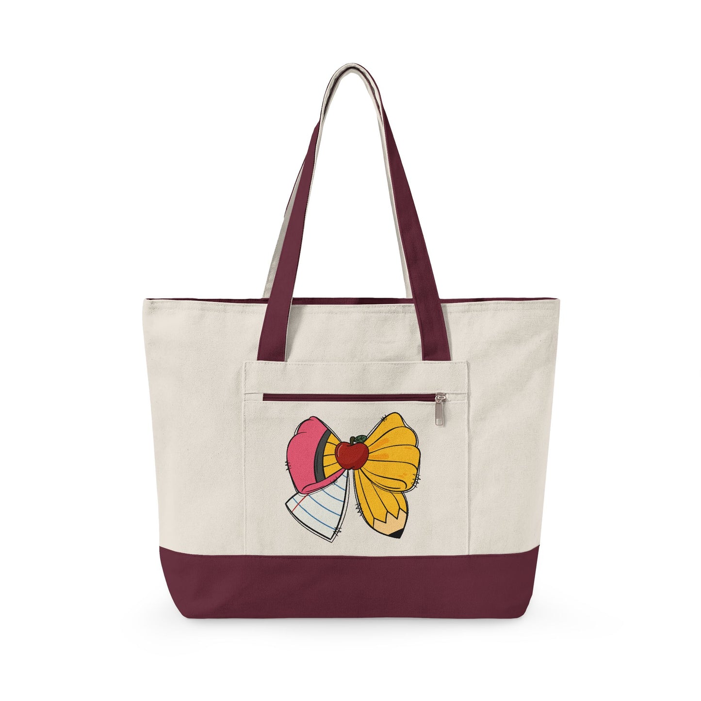 Canvas Tote Bag with Cute Ribbon Bow Print — Zippered Cotton Shopper