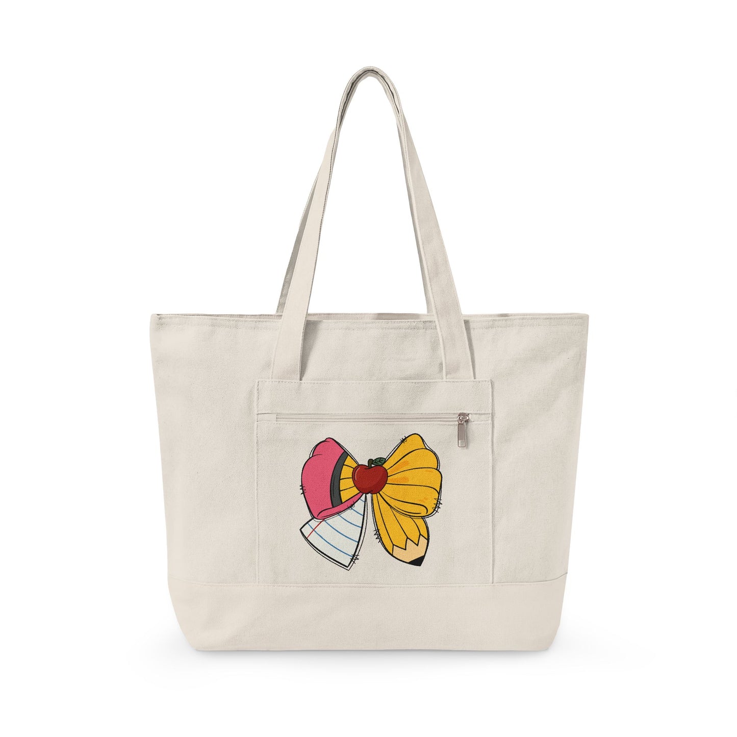 Canvas Tote Bag with Cute Ribbon Bow Print — Zippered Cotton Shopper