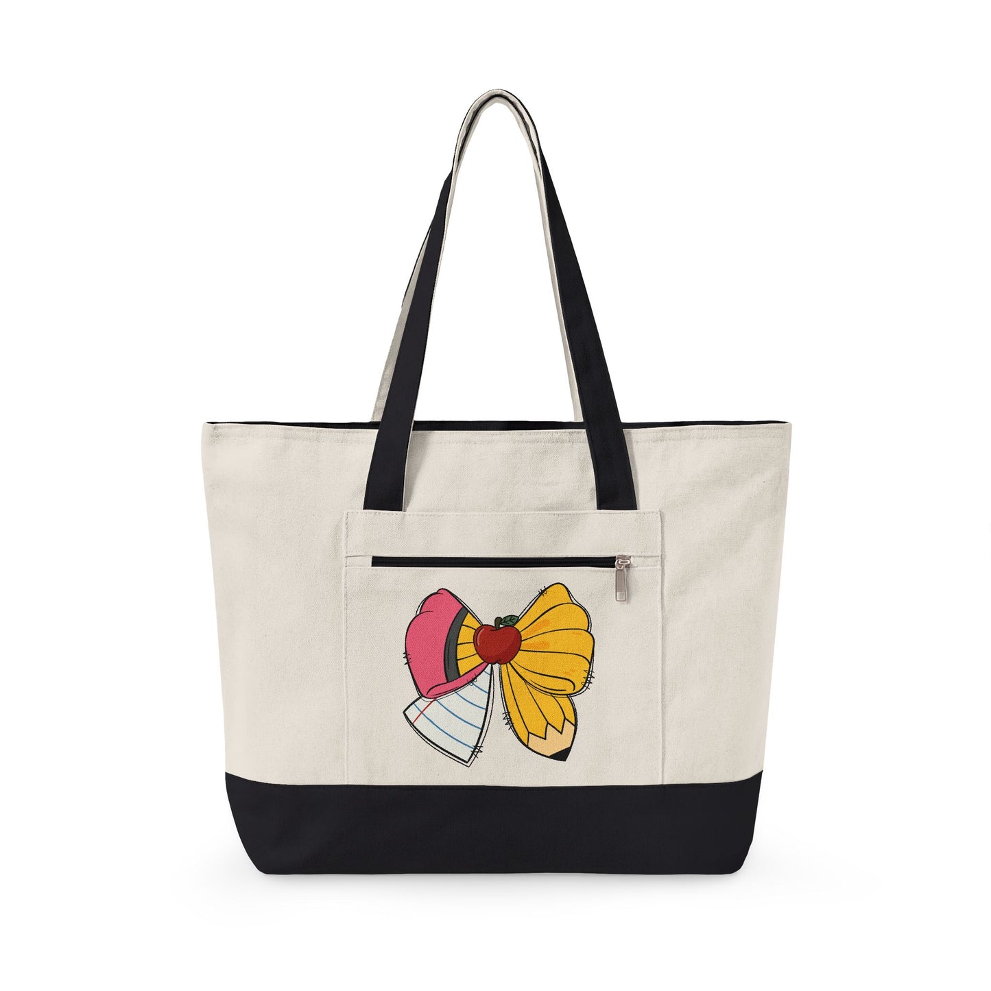 Canvas Tote Bag with Cute Ribbon Bow Print — Zippered Cotton Shopper