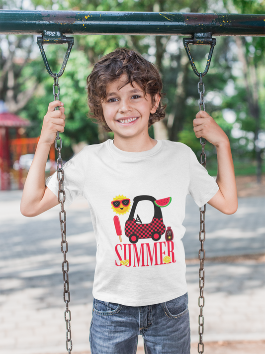 Kids Summer Graphic Tee — 'Summer' Car, Sunglasses & Popsicle Design