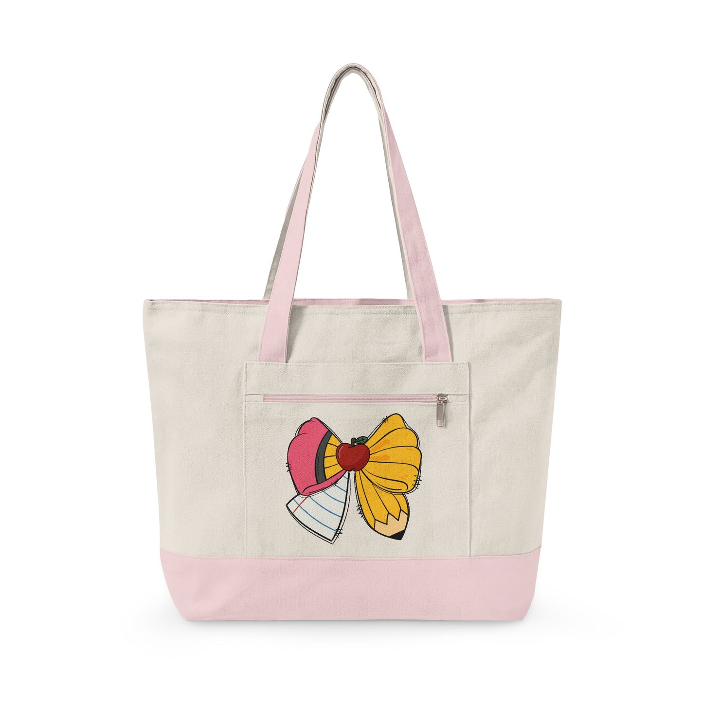 Canvas Tote Bag with Cute Ribbon Bow Print — Zippered Cotton Shopper