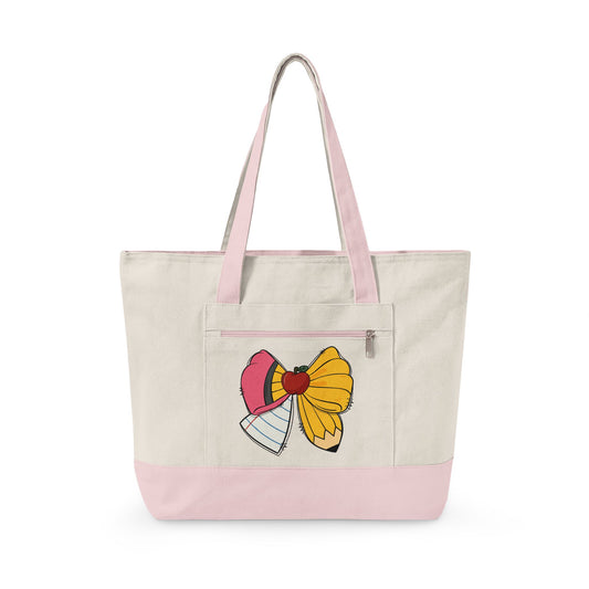 Canvas Tote Bag with Cute Ribbon Bow Print — Zippered Cotton Shopper