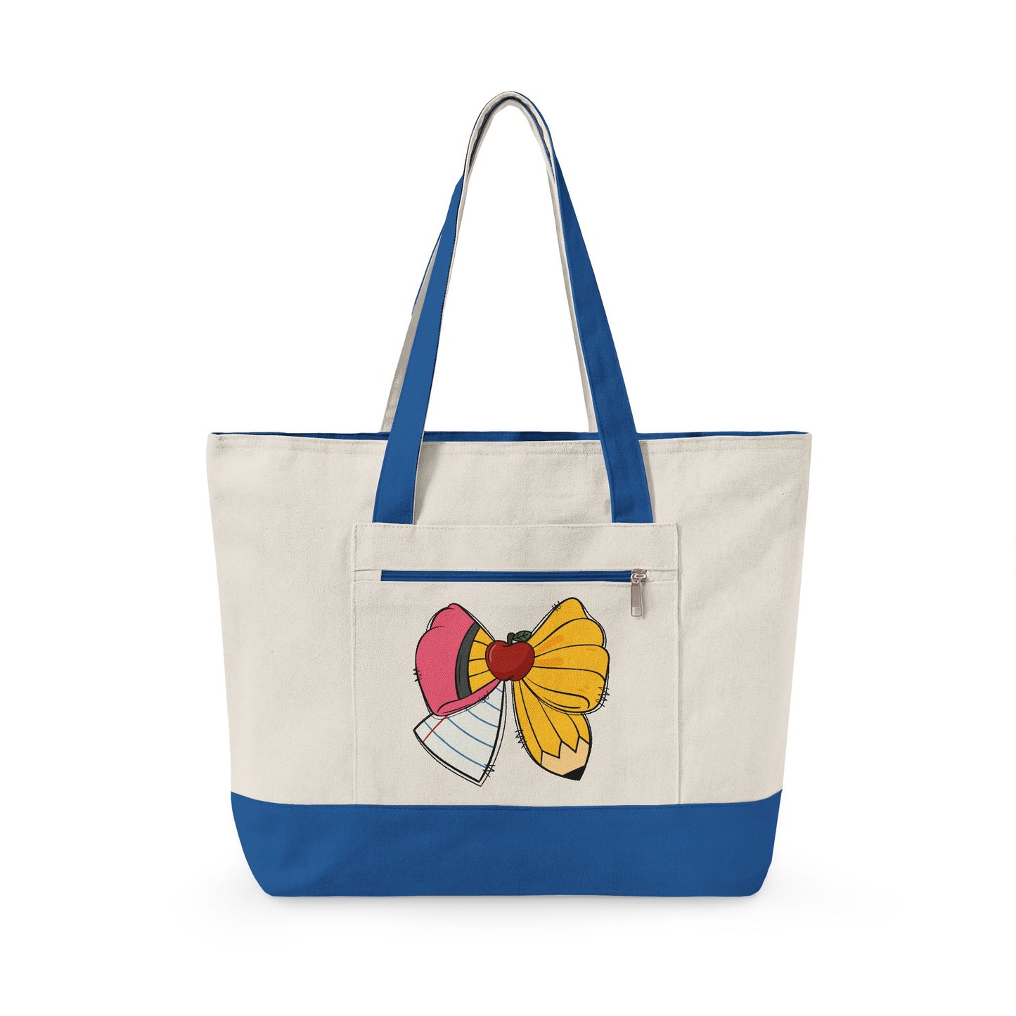 Canvas Tote Bag with Cute Ribbon Bow Print — Zippered Cotton Shopper