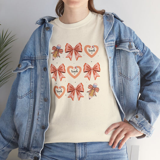 Pencil and  Bow Graphic Tee, Unisex Cotton T-Shirt, Heart Design Shirt, Gift for Her, Cute Casual Outfits, Spring Fashion Tee